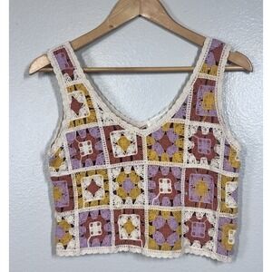 Rebellion Again Crop Top Tank Crotchet Floral Bohemian Cream Beige Size XS